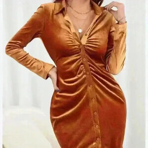 New Adele B. Orange velvet Shirt Dress Long Sleeve Button  Ruched Collar Large